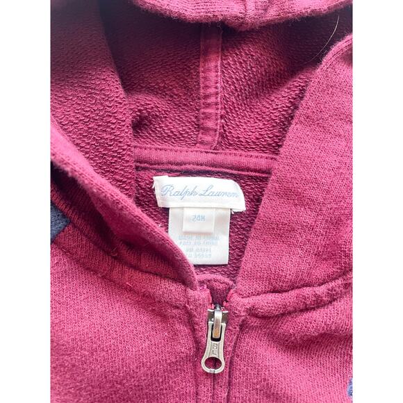Toddler Boy's Ralph Lauren Maroon and Navy Zip Up Hooded Sweatshirt Size 24 Mo. - Picture 3 of 4